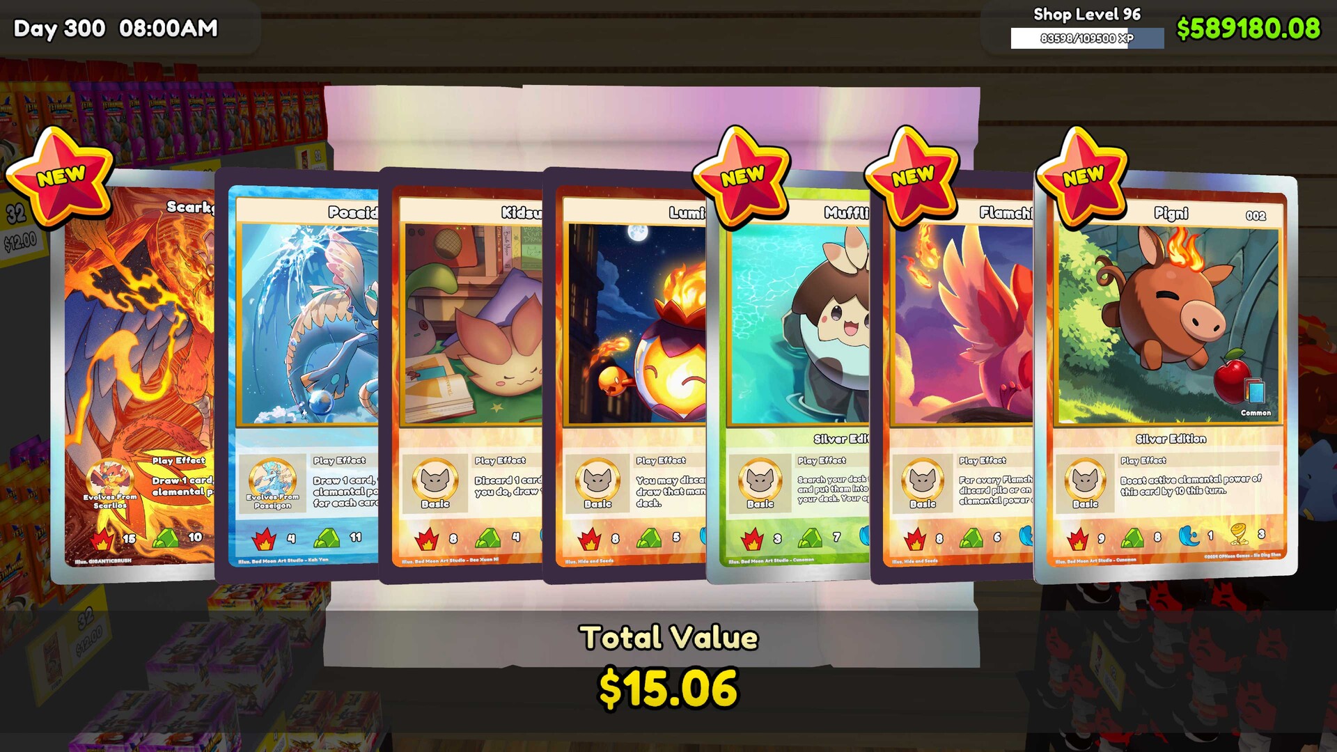 Pack reveal screen with seven pulled cards fanned, NEW badges on the fresh ones and the total value readout below