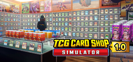 TCG Card Shop Simulator key art: shop owner holding a fresh pull in front of the display racks