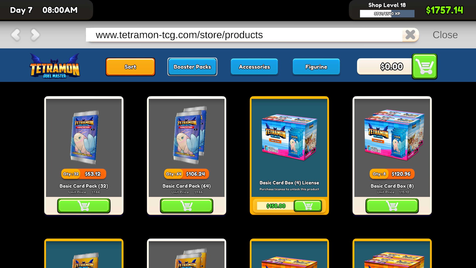 In-game stock order storefront on tetramon-tcg.com listing pack and box licenses with unit prices