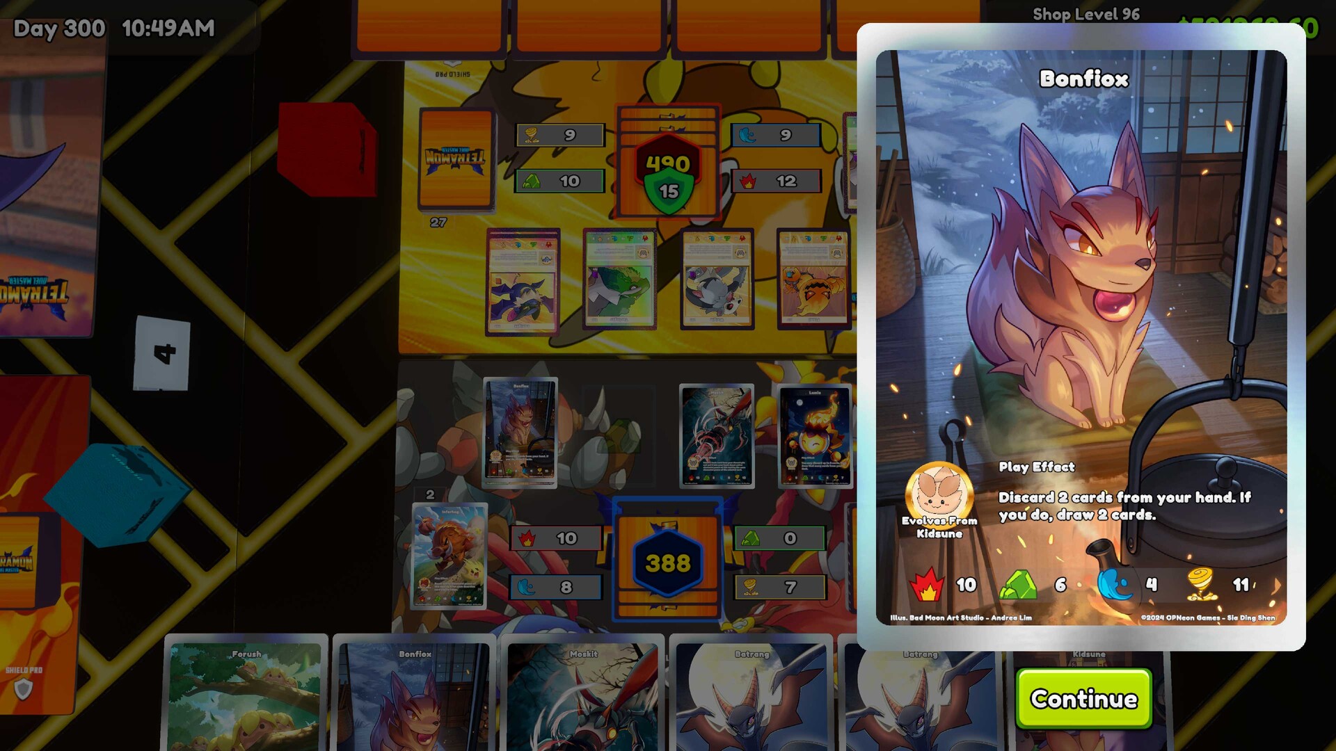 Bonfiox card zoomed over the play mat during a Tetramon TCG match